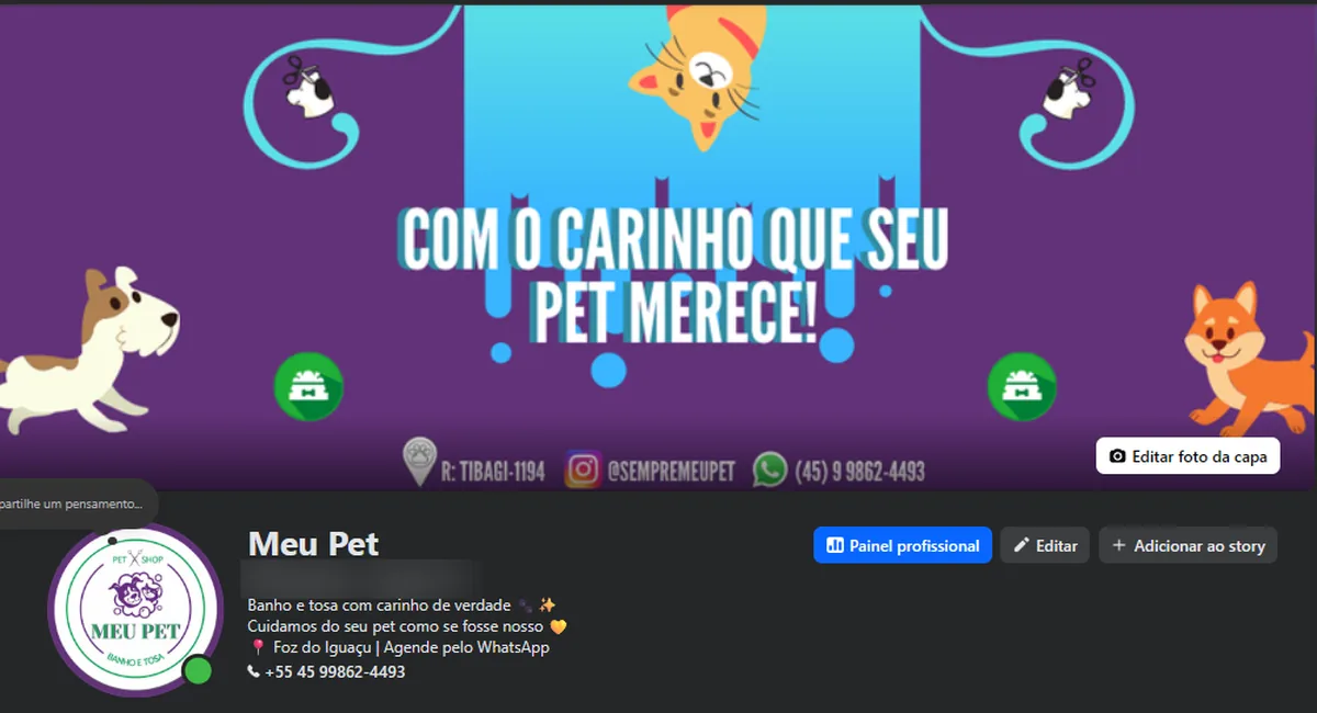 Página antiga do Meu Pet no Facebook, com capa roxa de desenho animado e logo antigo